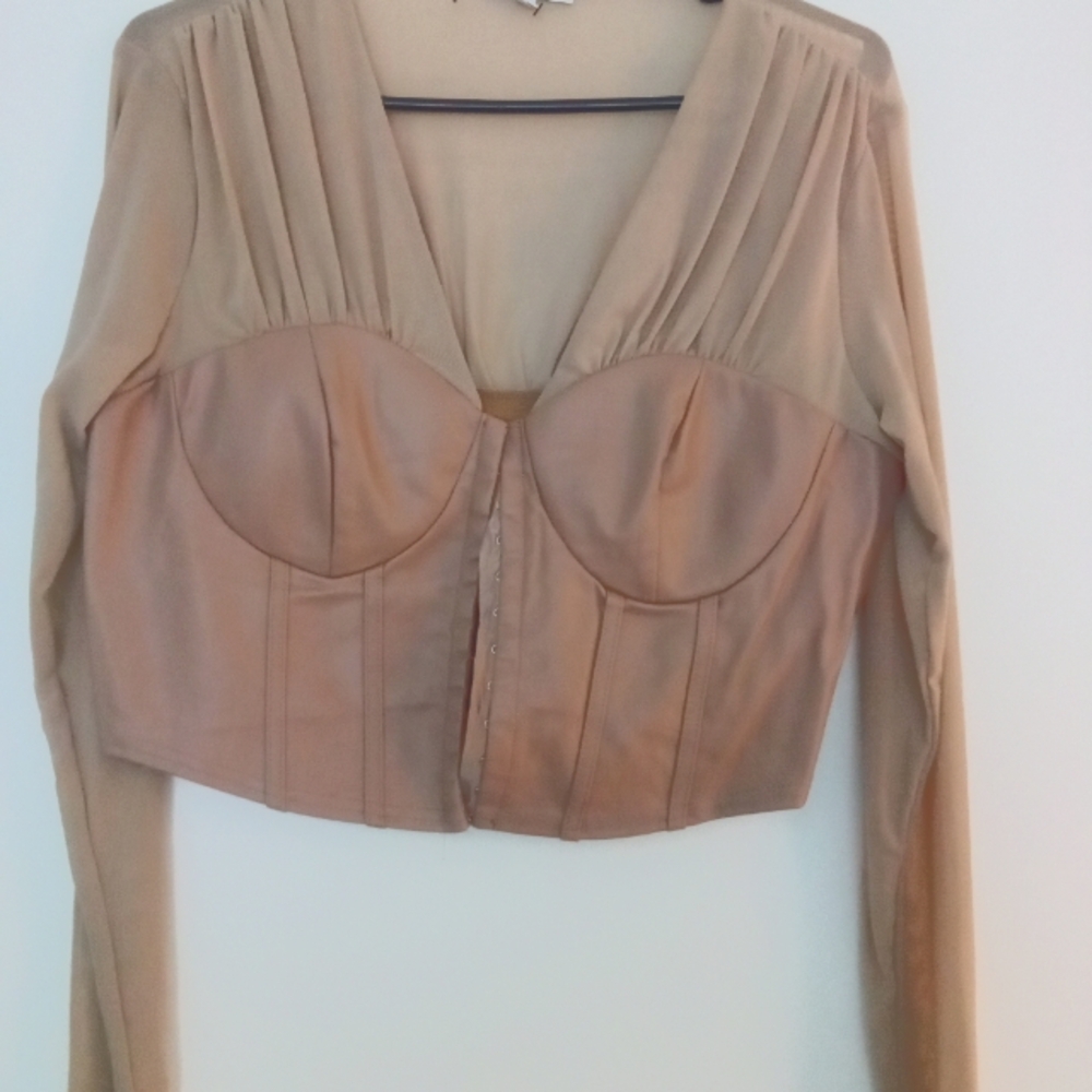 Fashion Nova Taupe size 10 blouse with leather corset and mesh sleeves